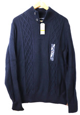 NWT Nautica Men's Medium Cable Knit Mock Neck Henley Sweater Navy Blue Cotton