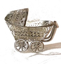 Miniature Silver Baby Carriage Metal Pram Doll House Victorian Ornate