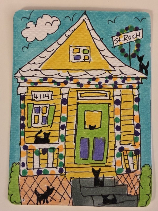 ACEO Original Cats New Orleans Mardi Gras Old house St. Roch Folk Art Parade