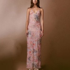Mesh Double-Layer Printed Sling Sexy Butterfly V-Neck Slim-Fit Women's Dress