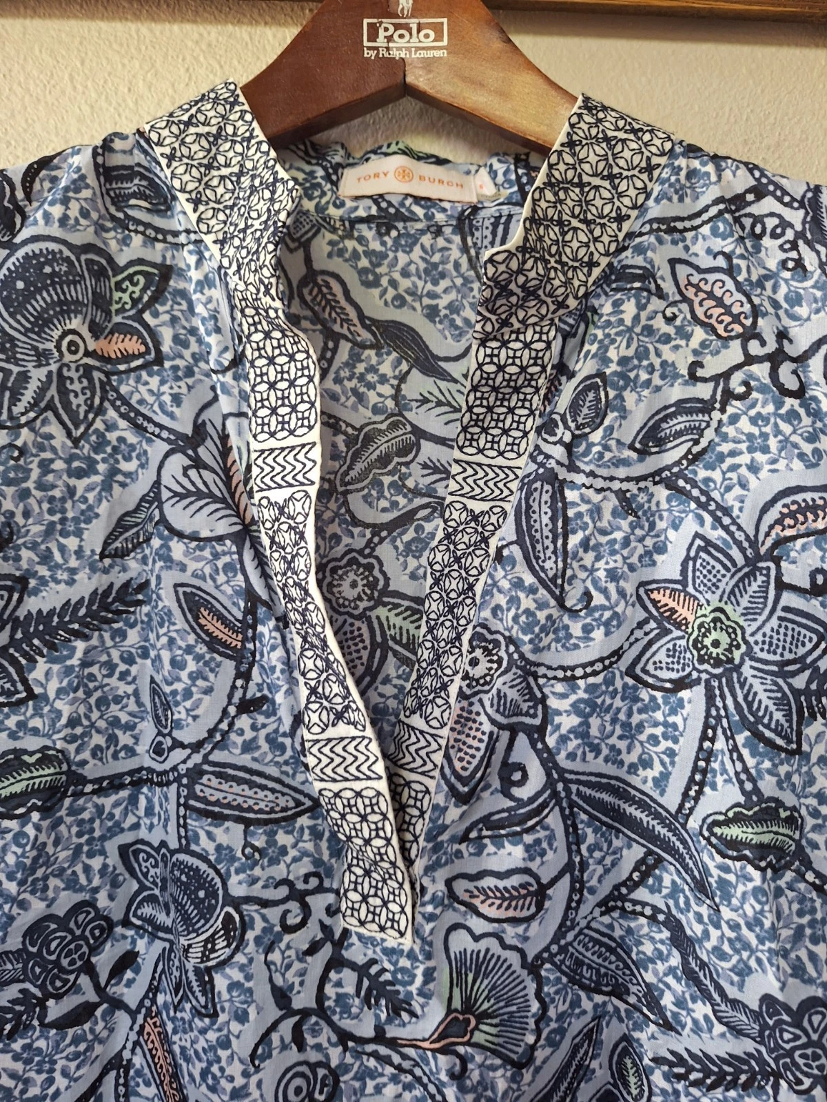 Camicetta tunica Tory Burch primaverile ricamata scollo a V floreale navy zip laterale taglia 8