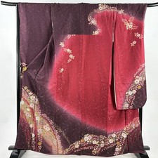 JAPANESE KIMONO FURISODE RED PURPLE 164.5cm 5 ft 5 in PURE SILK AA7722