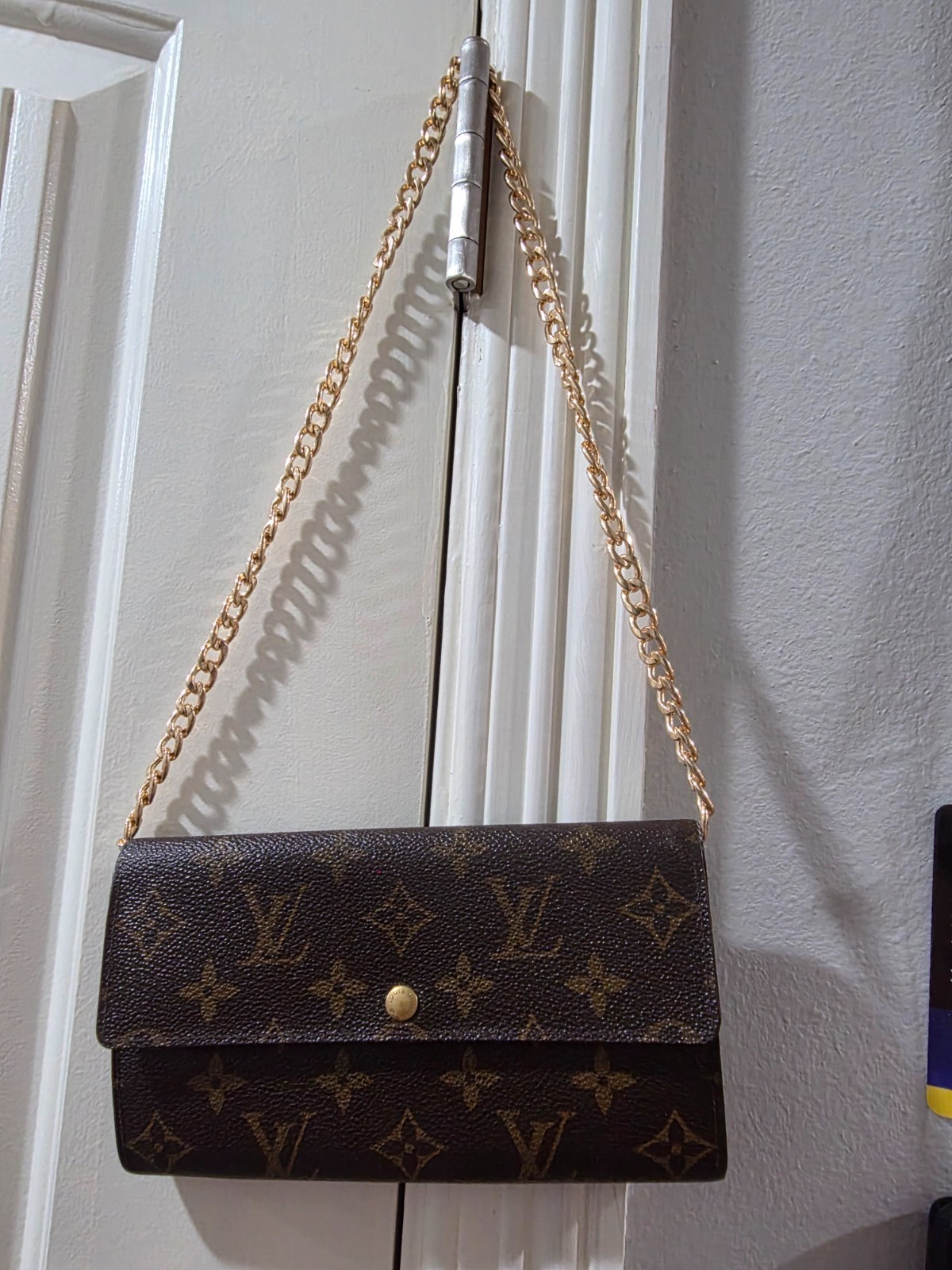 Auth. Louis Vuitton Monogram Wallet Brown Logo Accents with Chain