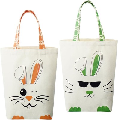 Weewooday 2 Pcs Easter Tote Bags for Kids Canvas Gift Green, Orange 
