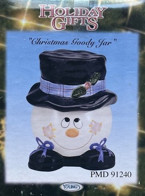 Vintage Snowman Ceramic Christmas Goody Jar Hat Lid by Young's BRAND NEW IN BOX