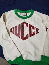 Gucci Women's M White/Green Crewneck Sequin Logo Pullover Sweatshirt