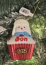 2025 Hallmark Son Baby Snowman in Red Sparkle Cupcake Christmas Tree Ornament