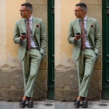 Summer Linen Men's Suits 2Pcs Tuxedos Green Notch Lapel Blazer Slim Fit Jacket