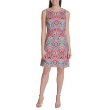 TOMMY HILFIGER Womens Red Paisley Jewel Neck Below the Knee Shift Dress 10