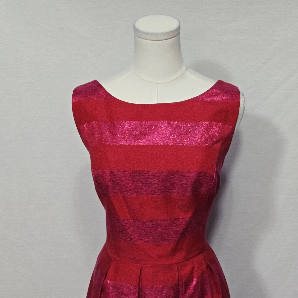 Vestido Trina Turk Mujer 12 Rojo Rosa Metálico Rayas Plisado Cóctel Fiesta EE. UU. Foto 3 de 4