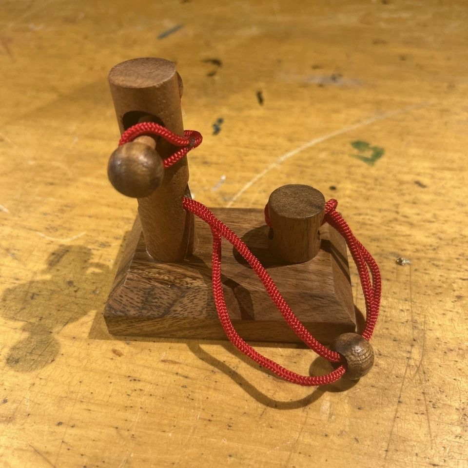 Lumberjack Wood Puzzle Game Brain Teaser Type T Toy Rope Ring Vintage Fun - Image 2 of 3