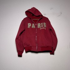 France Paris Embroidered Graphic Y2K Hoodie Women L Red Full Zip Indie Hood