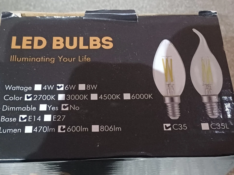 6 X 6W E14 LED Filament Bulb Candle SES Light Lamp C35. 2700k Warm White 600lm. - Image 3 of 4