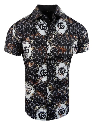 Mens Short Sleeve Shirt Italian Logo Gold Foil Floral Flip-Cuff Stretch Slim Fit - Picture 5 of 15