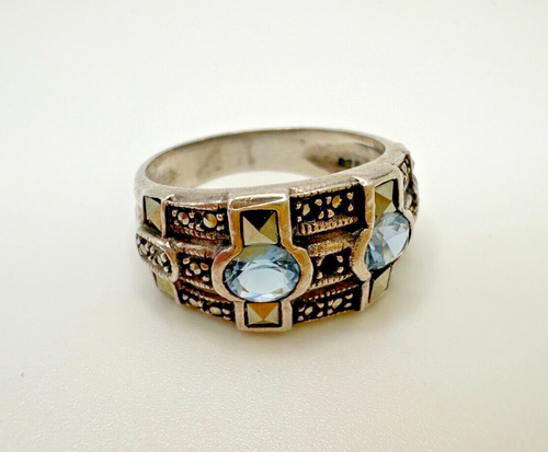 Vintage Silber Blautopas Markasit Ring 925 Band Gr. 8,5 Cocktail Statement *LESEN - Bild 5 von 12