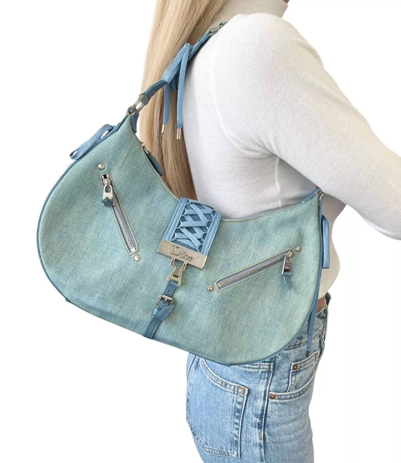 Sac bandoulière Christian Dior vintage 2002 Admit It denim bleu coton argenté