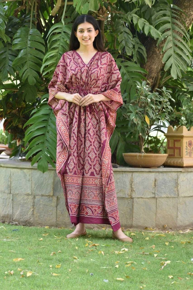 Maxi kimono largo de playa de caftán de algodón puro estampado caftán indio para mujer Foto 3 de 3