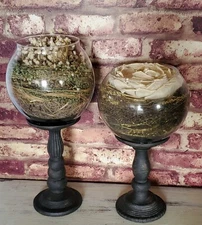 Set of Two (2) Handmade Tabletop Pedestal Globes with Crafted Dried Floral Decor