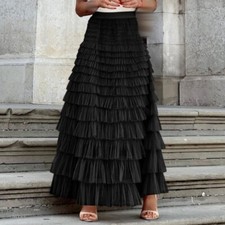 Women's Elastic High Waist Mesh Tulle Tutu Skirt Layered Pleated Maxi Long Dress