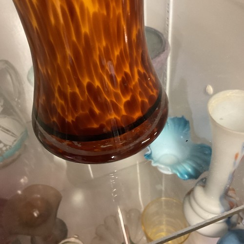 VINTAGE HAND BLOWN TORTOISE LEOPARD BROWN ART RUFFLED GLASS VASE 10” EMPOLI? - Picture 12 of 12