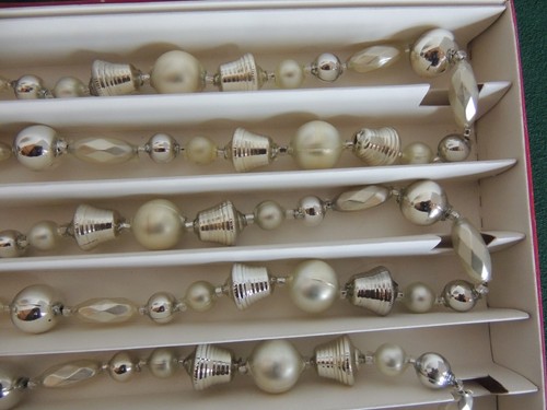 Vintage Czech Christmas Glass Silver Garland Bells Shape Elongated 6' String Box - Picture 2 of 8