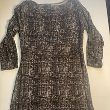 Ann Taylor Cowl Neck Ruched Waist Midi 3/4 Sleeve Dark Brown Cream Dress Size 6