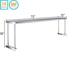 Heavy Duty Stainless Steel Single Overshelf  Table for Prep & Work  12"x72"