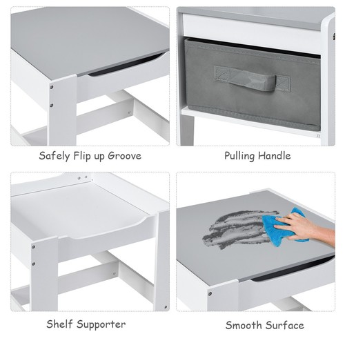 Babyjoy Kids Table Chairs Set w/ Storage Box Blackboard Whiteboard Drawing Grey - Picture 11 of 12