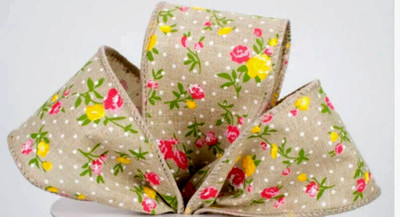 Summer Floral 2.5'' by 2 yd Beige Wired Ribbon Country Yellow Pink Rose Garden
