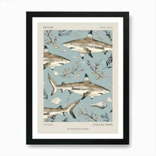 Pastel Blue Blacktip Reef Shark Wat Framed Wall Art Poster Canvas Print Picture