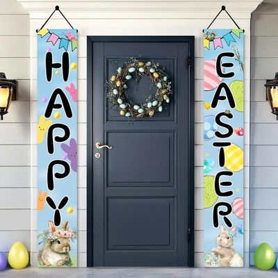 Easter Bunny Porch Banner, Carrot & Egg Front Door Decoration, Spring Welcome...