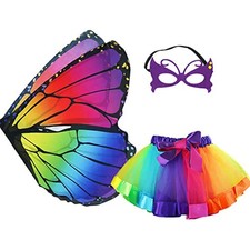Girls Butterfly Costume Wings Skirt Headband Mask Halloween Party Cosplay
