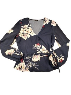 Dynamite Blouse Small Navy Floral Faux-Wrap Style Peplum Long puff sleeve V-neck