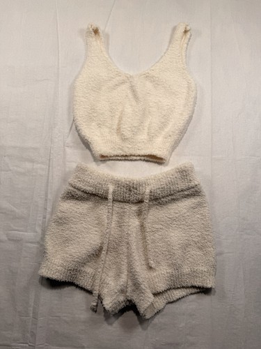 Pleshy Cozy Lounge Set Medium Cream Fuzzy Plush Tank Top Shorts Pajama 2 Pc