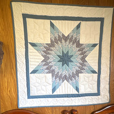 Handmade Blue Gray White Star Patchwork Cotton Quilted Wall Hanging Textile