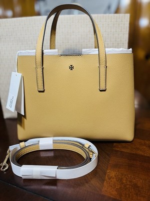 Tory Burch Small Brown Pebbled Tote Bag Gold Hardware Detachable Strap