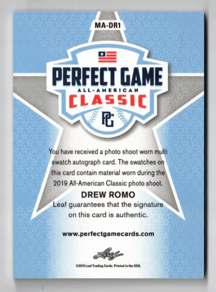 2019 Leaf Perfect Game PATCH RC AUTO Drew Romo! RPA! Rookie Autograph One of 1/1 - Image 2 of 2