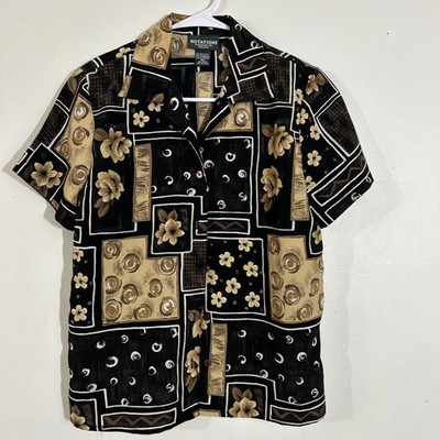 Notations Women M Petite Button Down Top Floral Geometric Print Short Sleeve