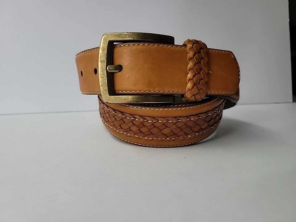 Tommy Bahama Leather Belt Brown Braided Size 42 Gold Tone Hardware Work - Image 3 of 4