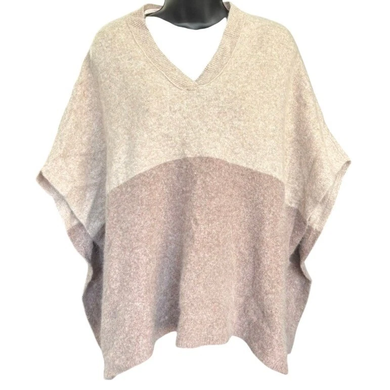 Halogen 100% Cashmere Colorblock Poncho One Size Beige Neutral Quiet Luxury