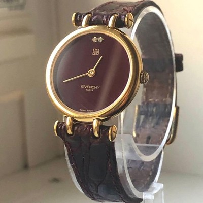 Givenchy 2p Diamonds Watch Burgundy Gold Quartz Timepiece