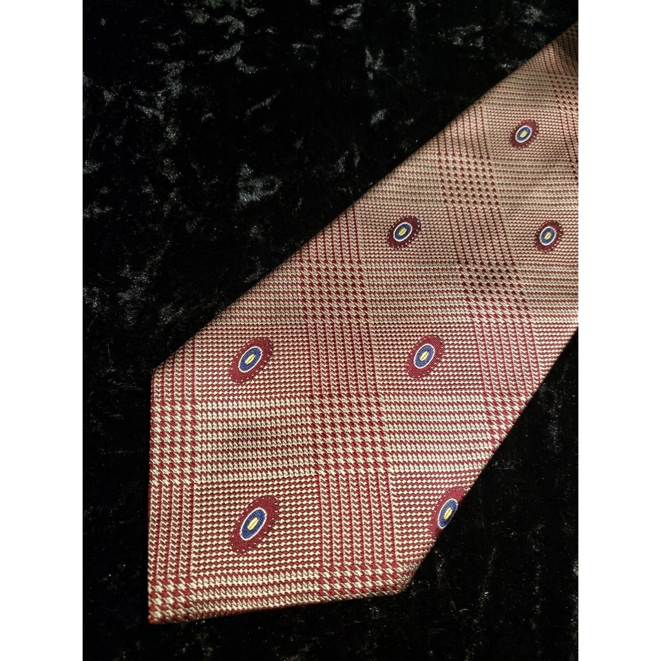 Corbata geométrica vintage Oleg Cassini para hombre marrón azul amarillo a cuadros ropa profesional Foto 3 de 4