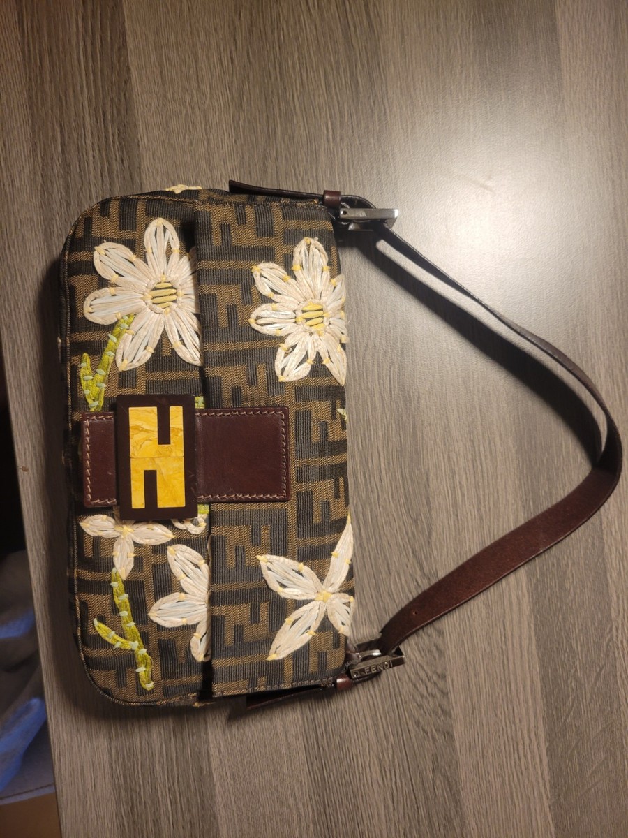 Vintage Fendi Embroidered Flower Brown Zucca Canvas Baguette Bag