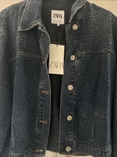 Zara Women's Diamanté Embellish Denim Jacket Coat Size Small New with Tags