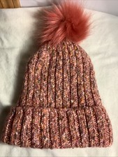TIME AND TRU Marled Pink Beanie Cable Knit Pom Pom Faux Fur Lined Hat One Size