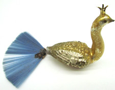 Vintage Figural Glass Peacock Christmas Ornament Gold Blue Fan Tail 4"