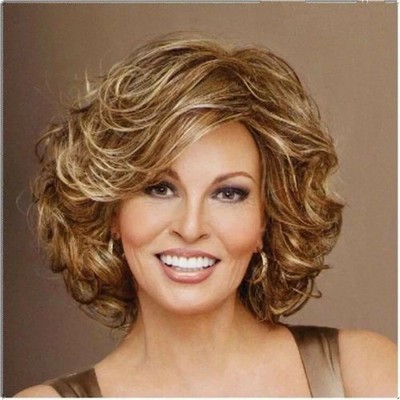 Human Hair Fashion Women's Layered Short Brown Mix Blond Wavy Wigs 12 In