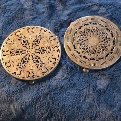 Pair of Regis Plate Brass Silver Round Trivet Geometric Pattern Feet EBNS 1969