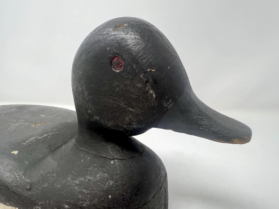 Señuelo de pato Long Island Bluebill años 1890 madera tallada antigua Drake pintura original Foto 2 de 4
