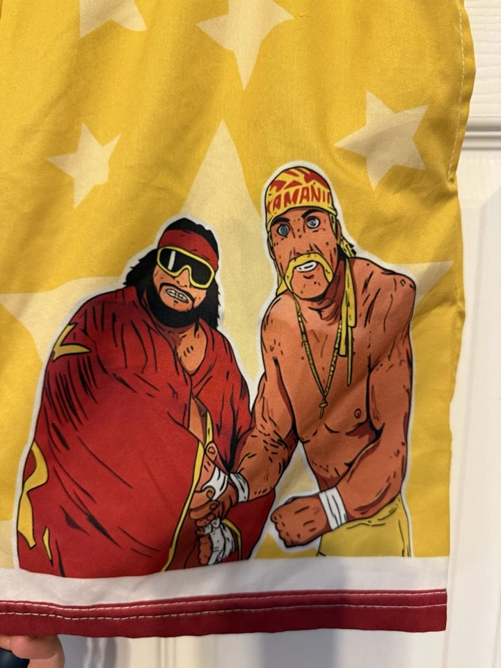 Pantalones Cortos Mega Powers Hulk Hogan Macho Man Randy Savage Grandes (se ajusta como M) WWF WWE Foto 2 de 4